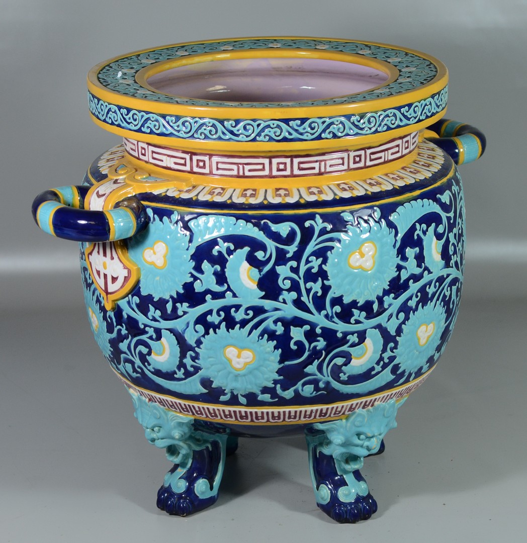 Appraisal: Minton's cobalt robins' egg blue Chinese style majolica jardiniere with