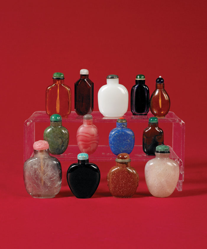 Appraisal: THIRTEEN CHINESE HARDSTONE AND GLASS SNUFF BOTTLES Of plain baluster