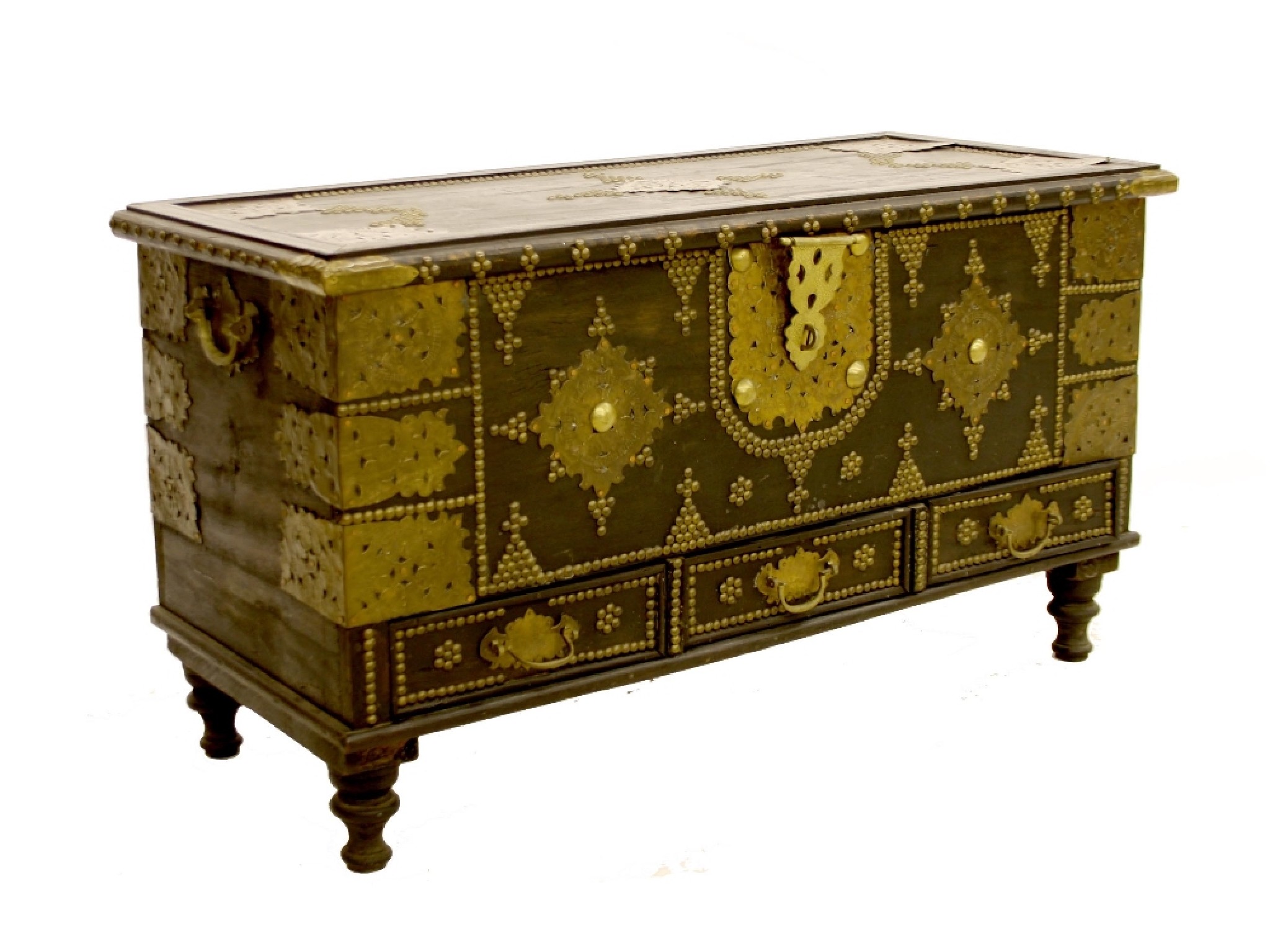 Appraisal: Mediterranean ebonised softwood mule style chest with brass strapwork and