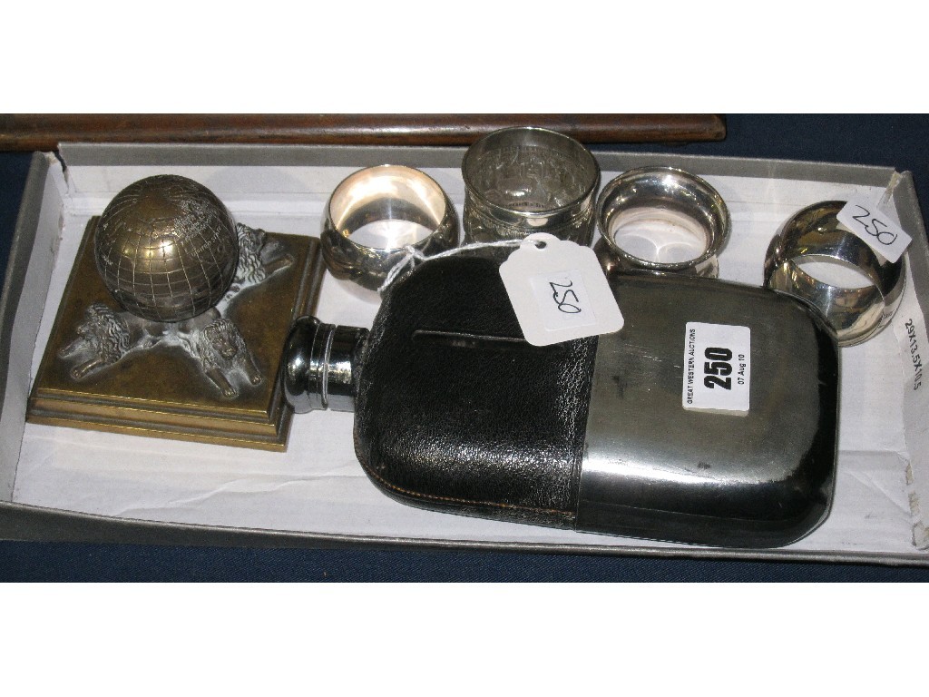 Appraisal: Box of miscellania - spirit flask silver napkin rings inkwell