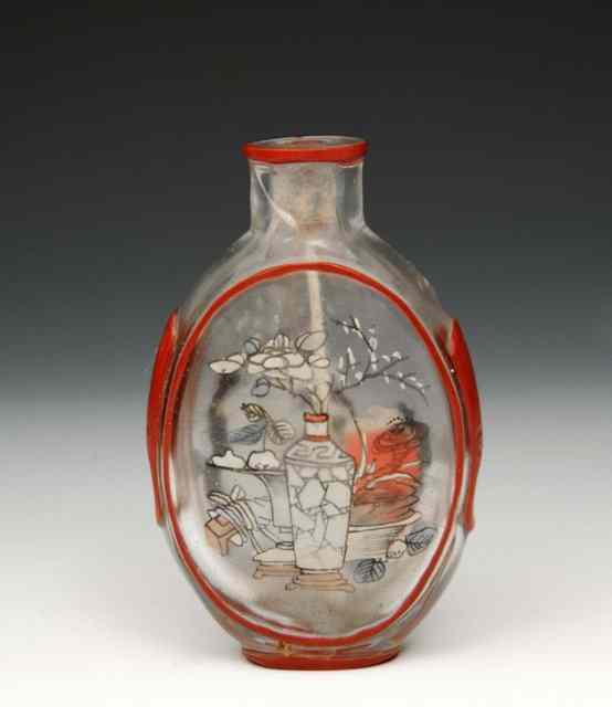 Appraisal: A CHINESE GLASS INSIDE DECORATED SNUFF BOTTLE painted horses to