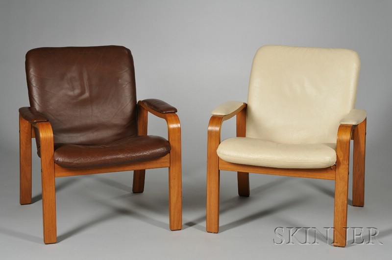 Appraisal: Two Bentwood Armchairs Leather and bent and laminated wood Mid-