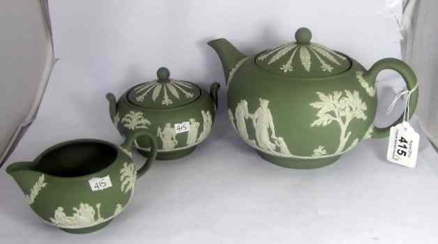 Appraisal: Wedgwood Green Jasperware Tea Pot Covered Sugar and Milk Jug