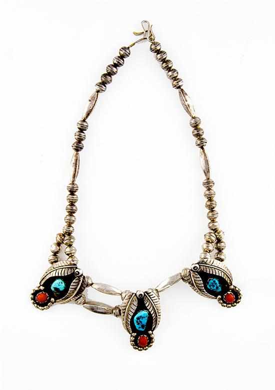 Appraisal: Native American silver and stone necklace signed Lee Thompson squash