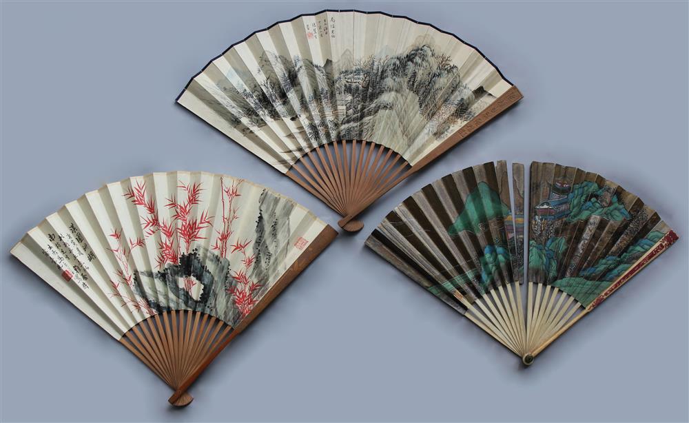 Appraisal: MA SHOUHUA CHINESE - PAINTED FAN along with TWO FANS