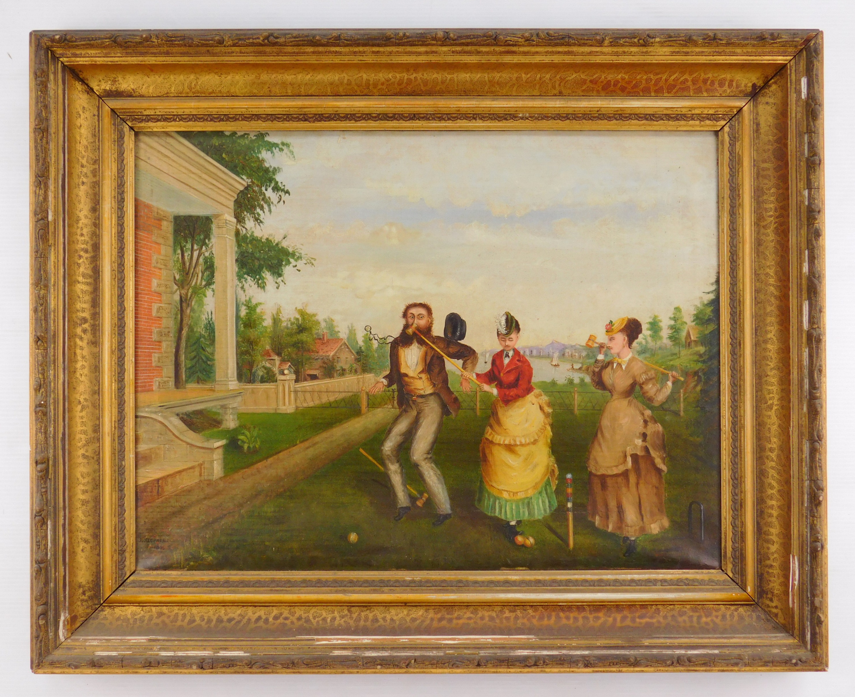 Appraisal: J Stephens th c American A Game of Croquet- oil