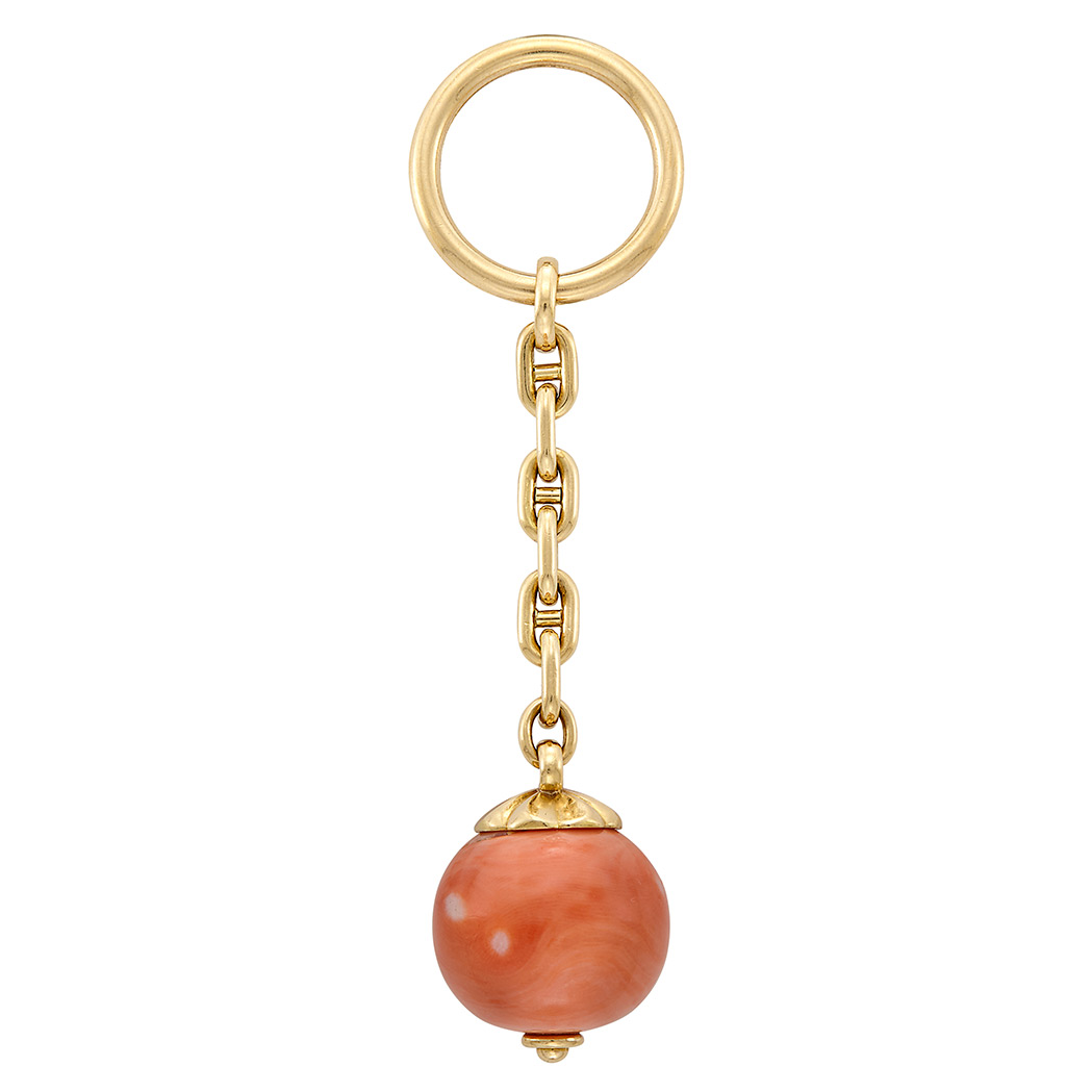 Appraisal: Gold and Coral Bead Key Ring One coral bead ap