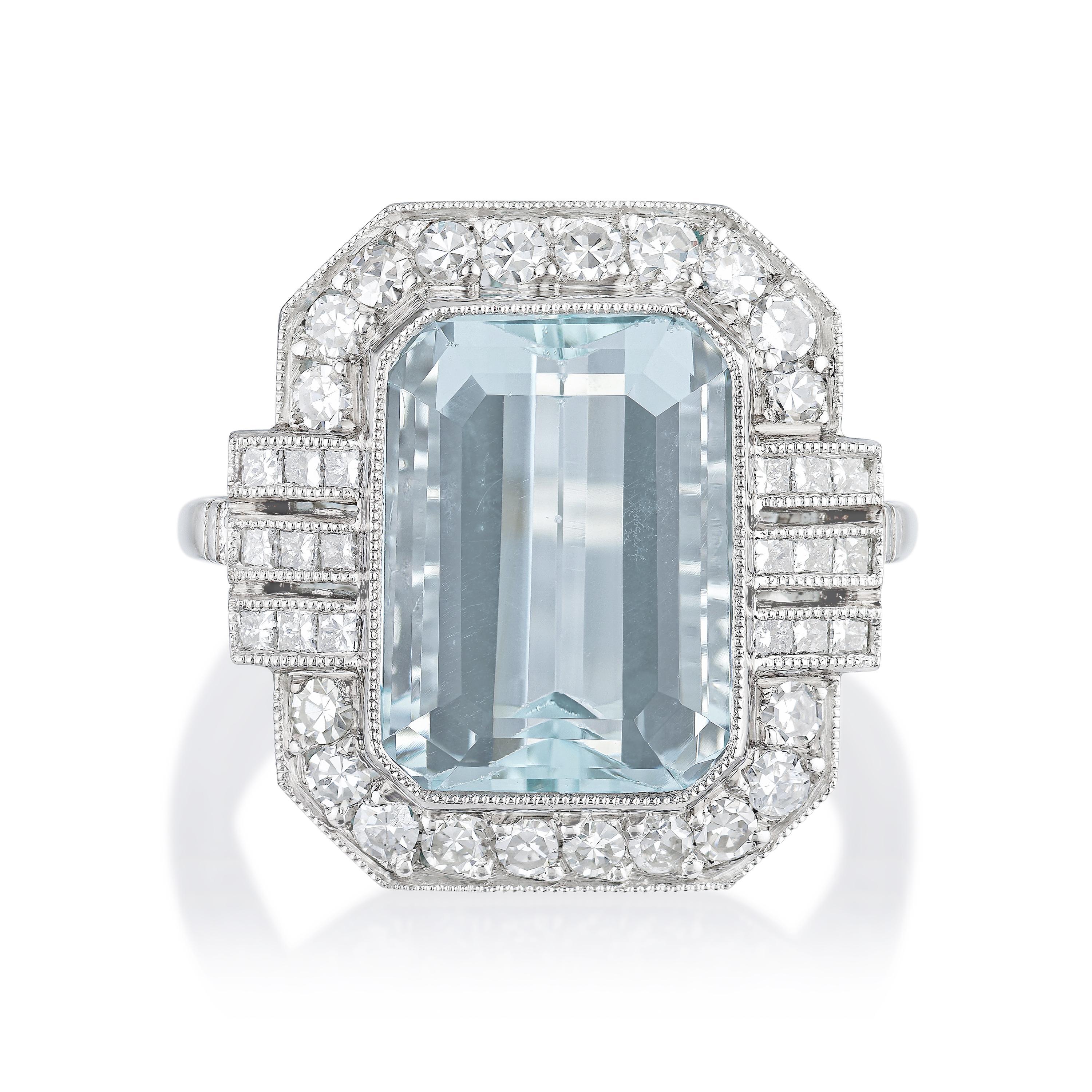 Appraisal: AQUAMARINE AND DIAMOND COCKTAIL RING METAL platinum GEMSTONE S rectangular