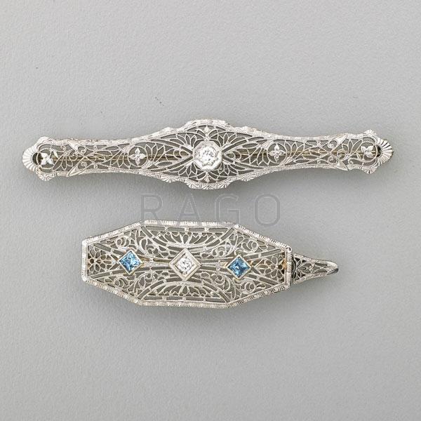 Appraisal: TWO ART DECO DIAMOND AND GOLD FILIGREE BROOCHES Condition Report