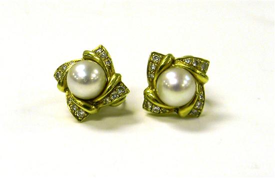 Appraisal: JEWELRY Pair of Cartier cultured pearl and diamond earrings K