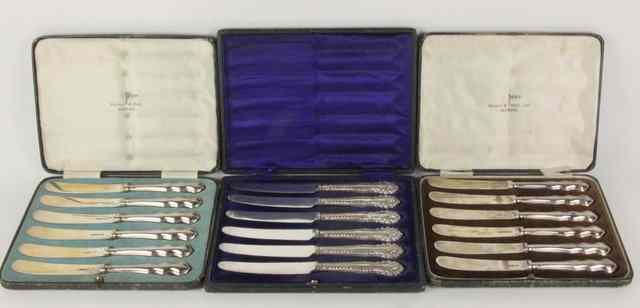 Appraisal: Two boxed sets of six silver dessert knives Walker Hall