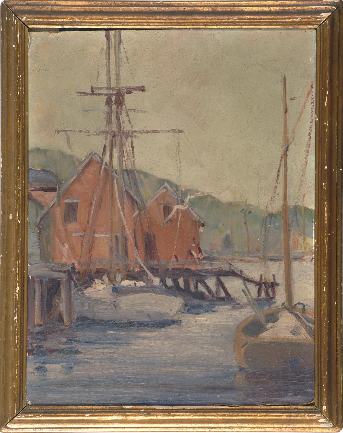 Appraisal: FRAMED PAINTING ARTIST UNKNOWN Depicting a Rockport harbor scene Oil