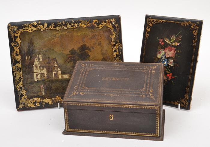 Appraisal: TWO VICTORIAN PAINTED AND LACQUERED ADDRESS BOOK COVERS AND AN