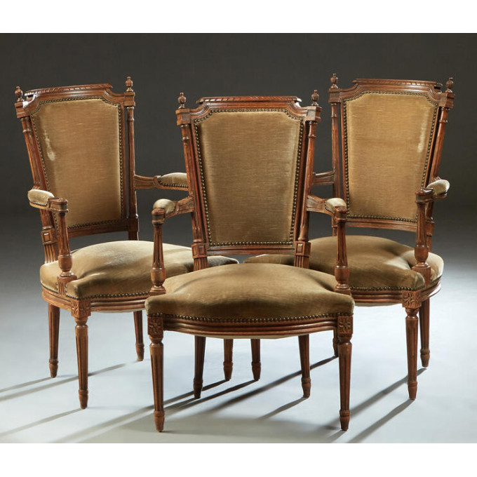 Appraisal: Set of Three Carved Beech Louis XVI Style Fauteuils late