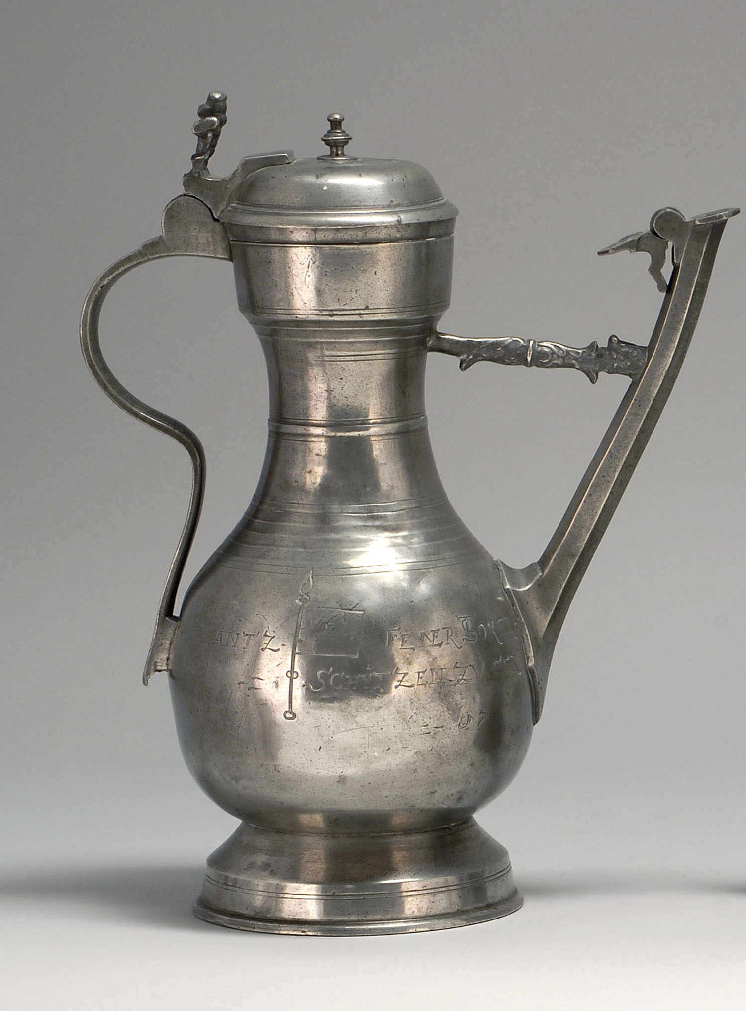 Appraisal: TH CENTURY CONTINENTAL PEWTER WINE EWER in tall bulbous form