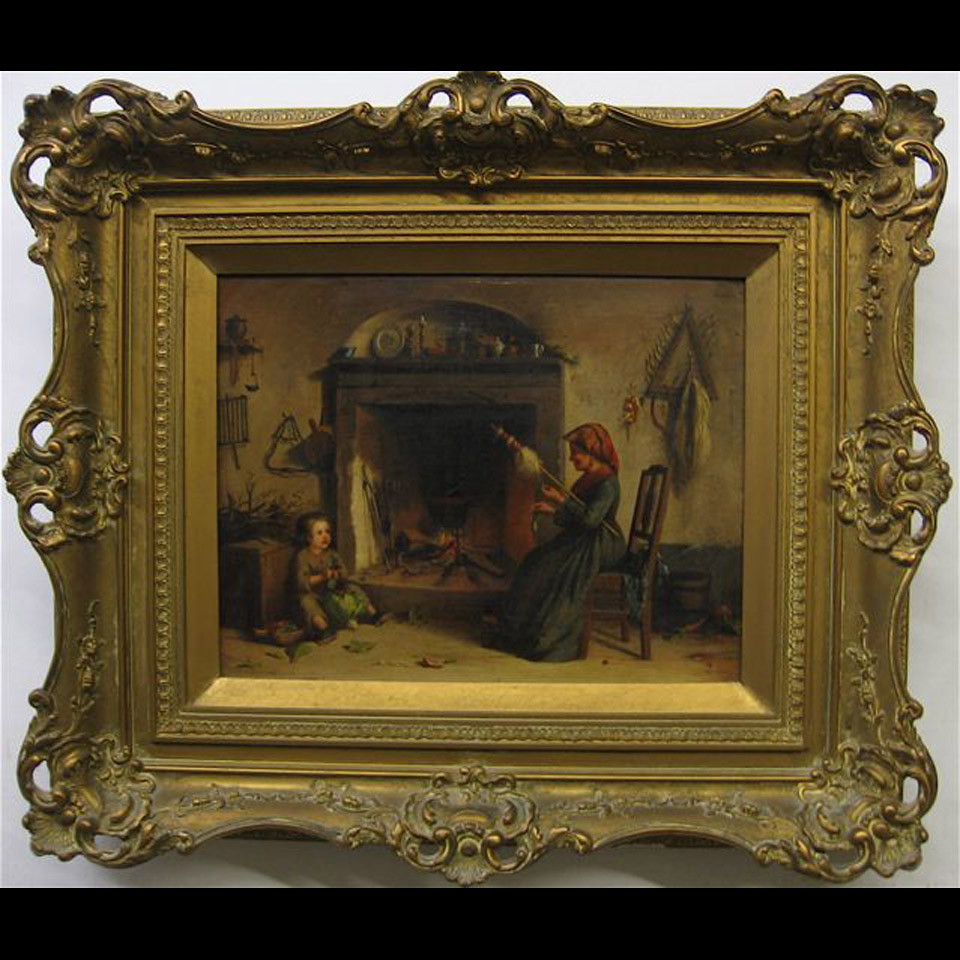 Appraisal: AT THE FIREPLACE E BRUNO TH CENTURY OIL ON CANVAS