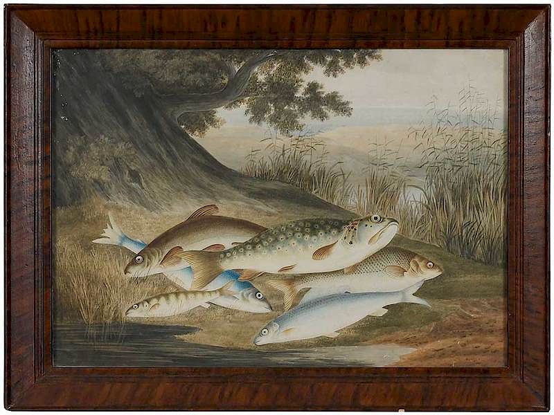 Appraisal: British School th century Fish on a River Bank unsigned