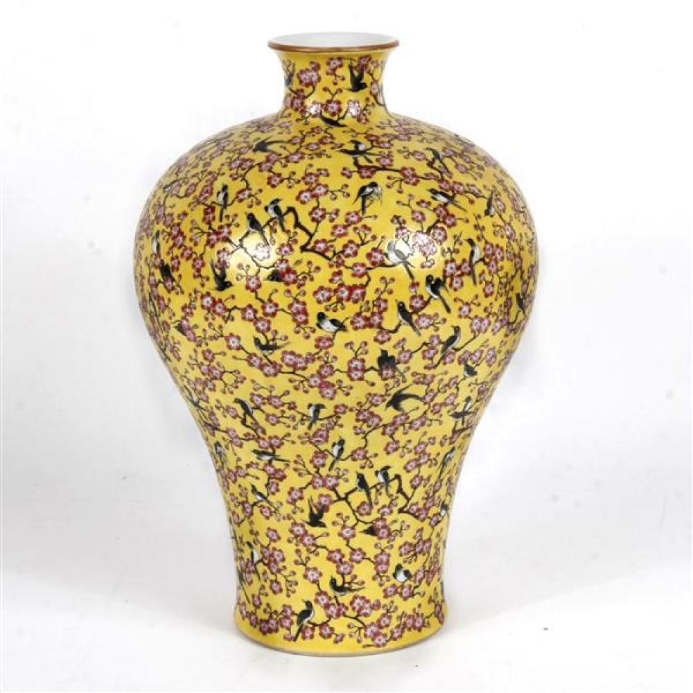 Appraisal: LARGE YELLOW CHINESE PORCELAIN VASE WITH QIANLONG MARK PINK CHERRY