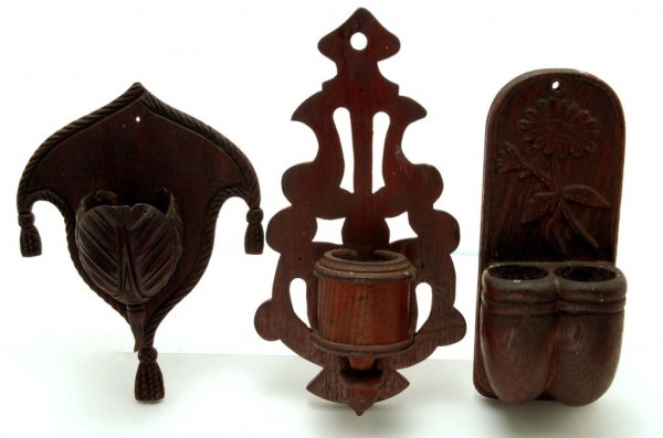 Appraisal: Lot of three carved wood match safes with various urn