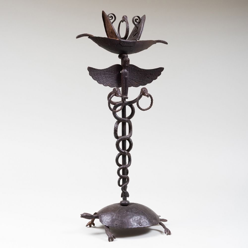 Appraisal: Folk Art Wrought Iron Oil Lamp on Stand x x