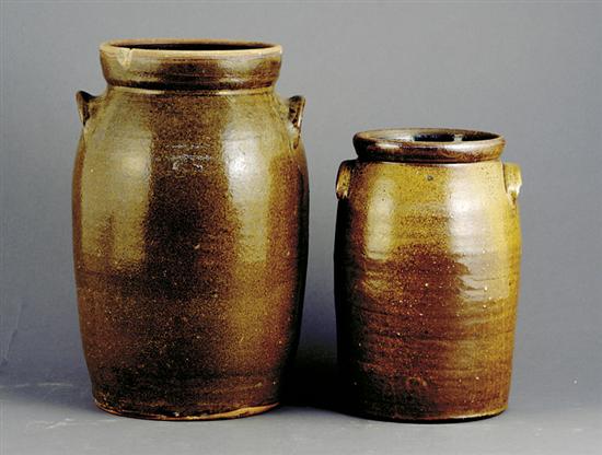 Appraisal: Two Southern stoneware churns and Georgia stoneware jug late th