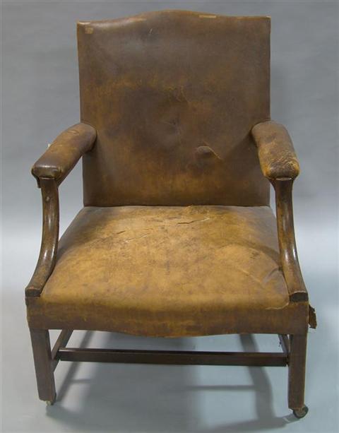 Appraisal: GEORGE III MAHOGANY AND LEATHER OPEN ARM CHAIR the slightly