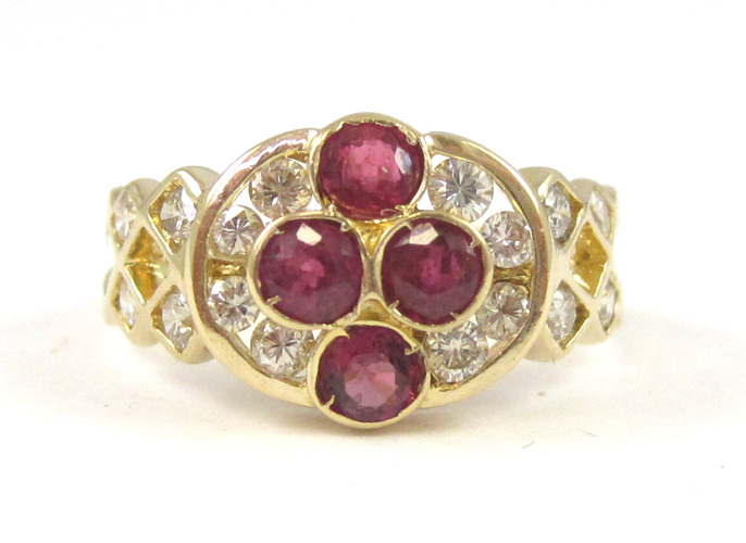 Appraisal: RUBY DIAMOND AND FOURTEEN KARAT GOLD RING set with four