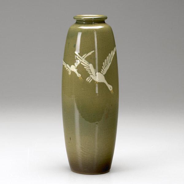 Appraisal: WELLER Jap Birdimal vase painted with white geese in flight