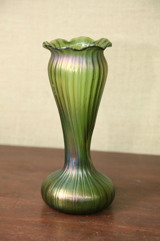 Appraisal: ART GLASS VASE Unattributed Bohemian style vase in green iridescent