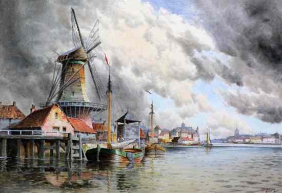 Appraisal: Louis Van Staaten - watercolour Windmill and barge with town