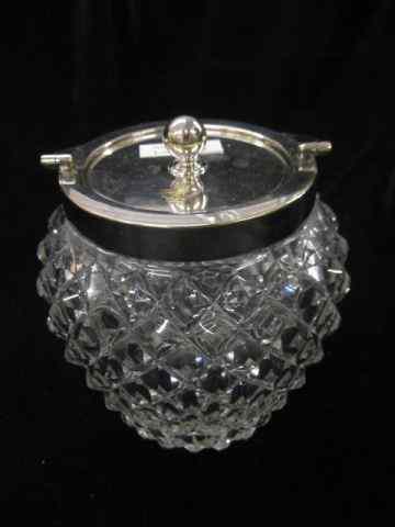 Appraisal: English Cut Crystal Biscuit Jar silverplate lid swing handle lion