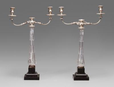 Appraisal: Pair silver-plated candelabra mounted on stepped glass posts with polished