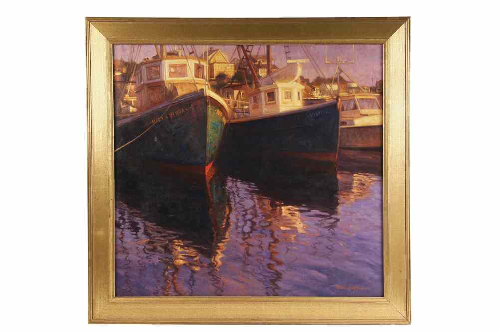 Appraisal: OOC - Docked Trawlers at Dawn by Neal Hughes contemporary