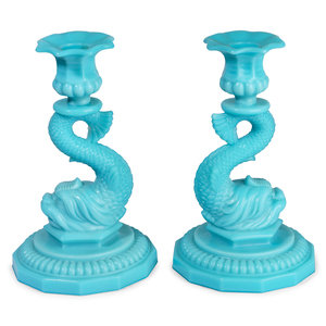 Appraisal: A Pair of Glass Dolphin Candlesticks Height inches