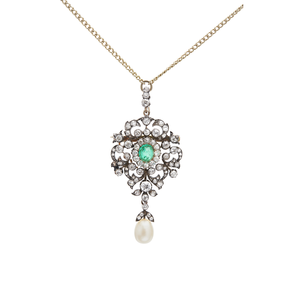 Appraisal: An diamond emerald and pearl pendantset with a tall emerald