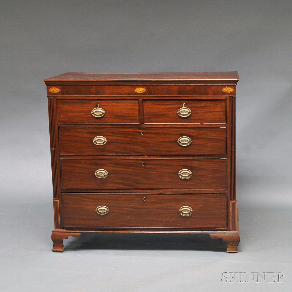 Appraisal: Mahogany Veneer and Oak Five-drawer Inlaid Bureau England th century