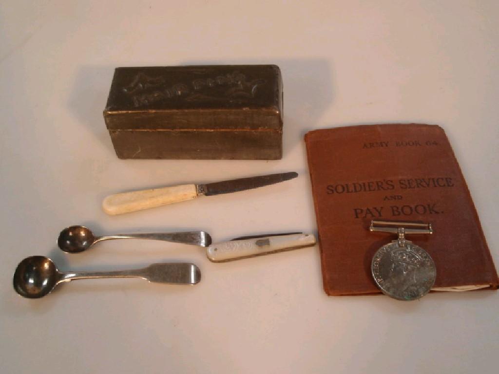 Appraisal: A pewter covered hairpin box a mother-of-pearl folding pen knife