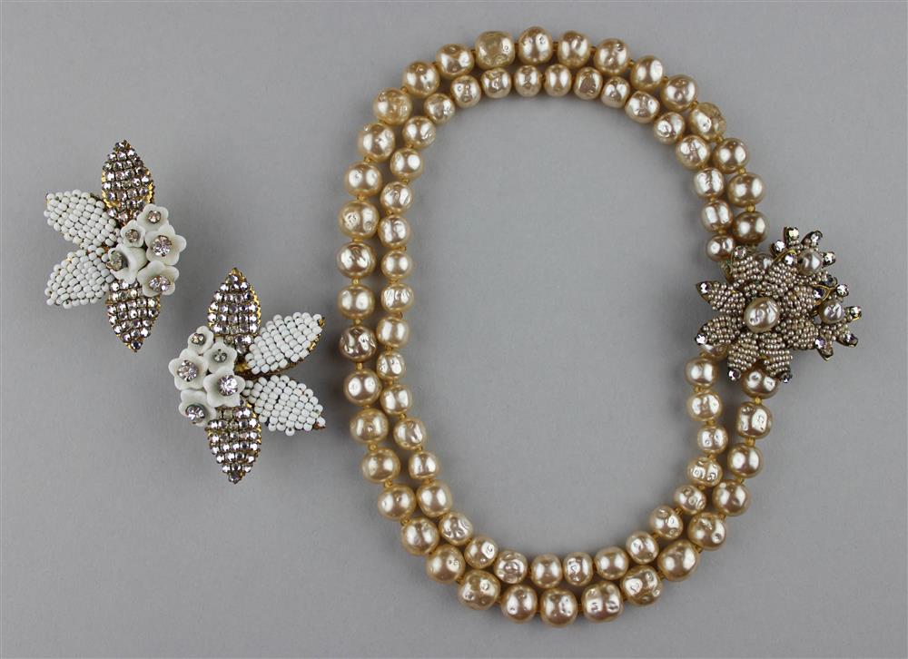 Appraisal: MIRIAM HASKELL EARRINGS AND A NECKLACE faux pearl double strand