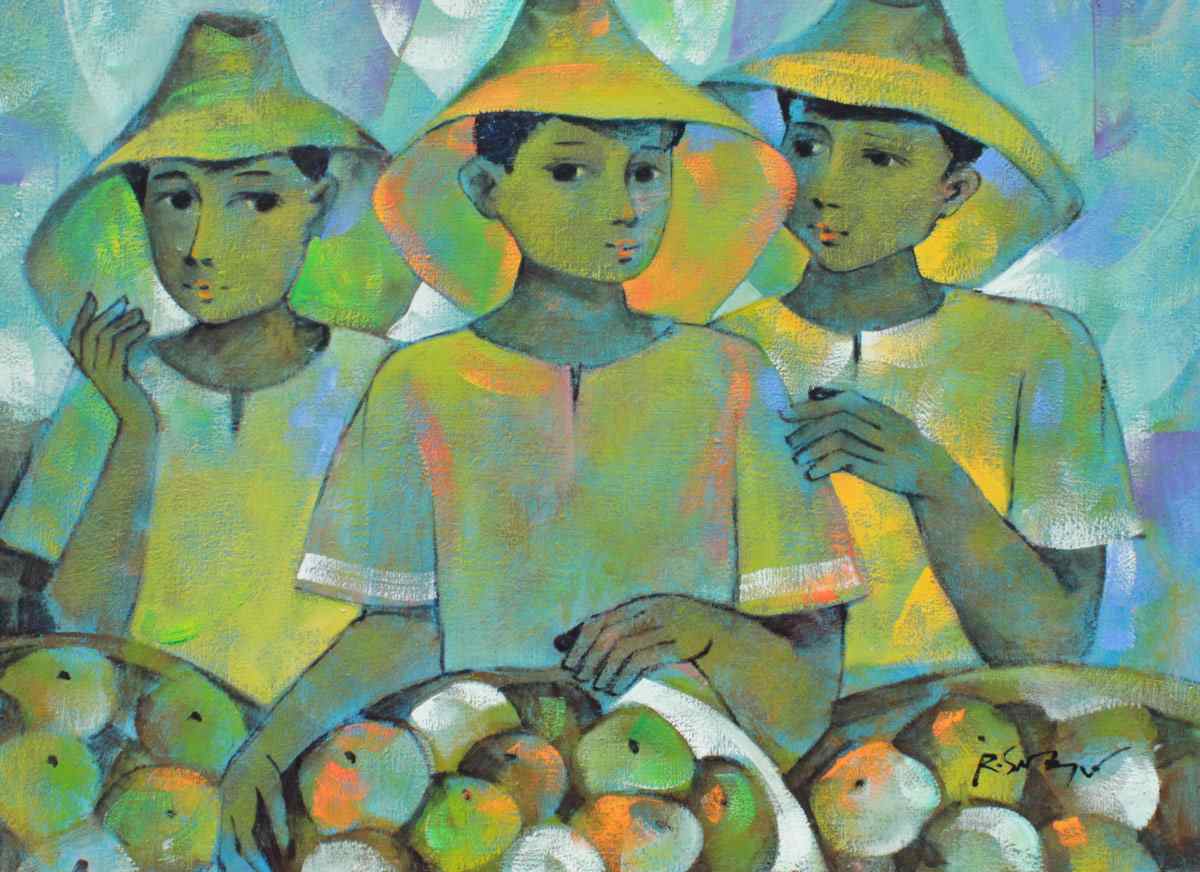 Appraisal: LATIN AMERICAN PAINTING THREE YOUNG APPLE SELLERS Oil Canvas illegibly