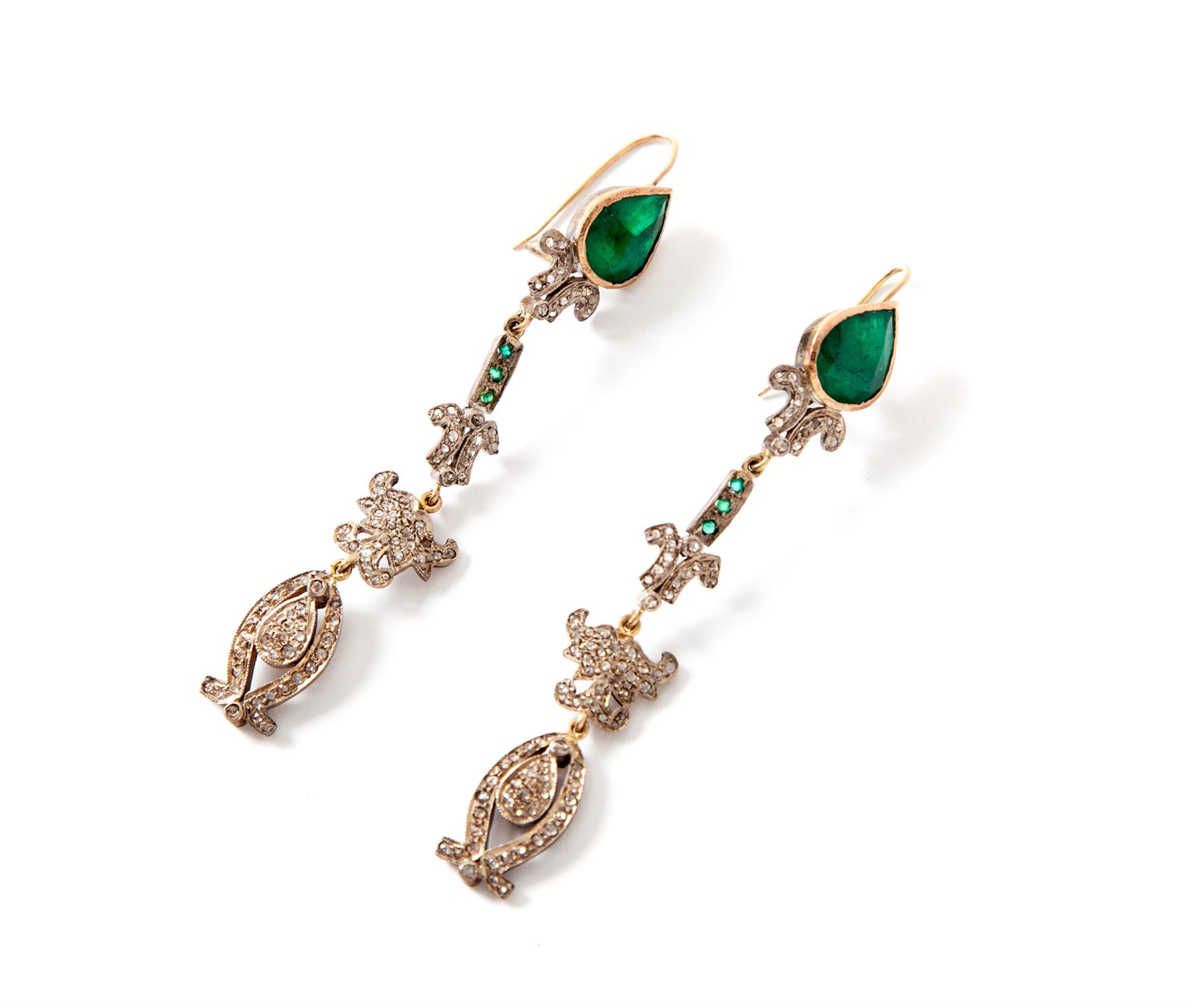 Appraisal: VICTORIAN-STYLE EMERALD AND ROSE CUT DIAMOND EARRINGS European mid th