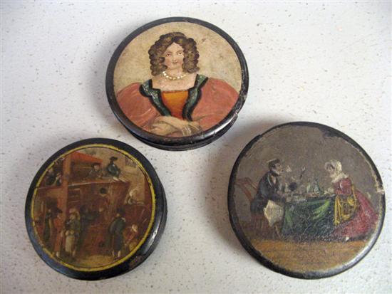 Appraisal: Three Victorian papier mache circular patch boxes with printed and