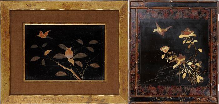 Appraisal: Two Framed Japanese Black Lacquer Panels x in a nd