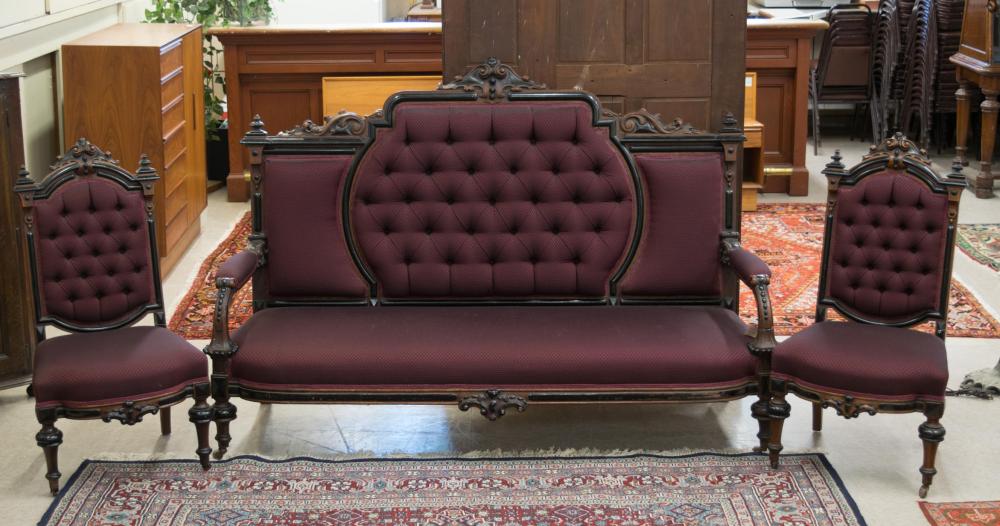 Appraisal: MATCHING VICTORIAN SOFA AND PAIR OF SIDE CHAIRS burgundy upholstery