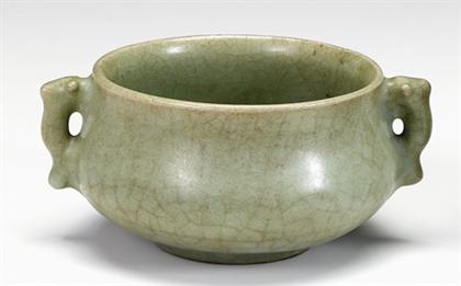 Appraisal: Chinese celadon Ge-type glazed censer ming dynasty Of bulbious U-shape