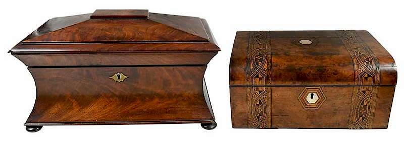 Appraisal: Two th Century Wooden Tabletop Boxes British Continental large sarcophagus