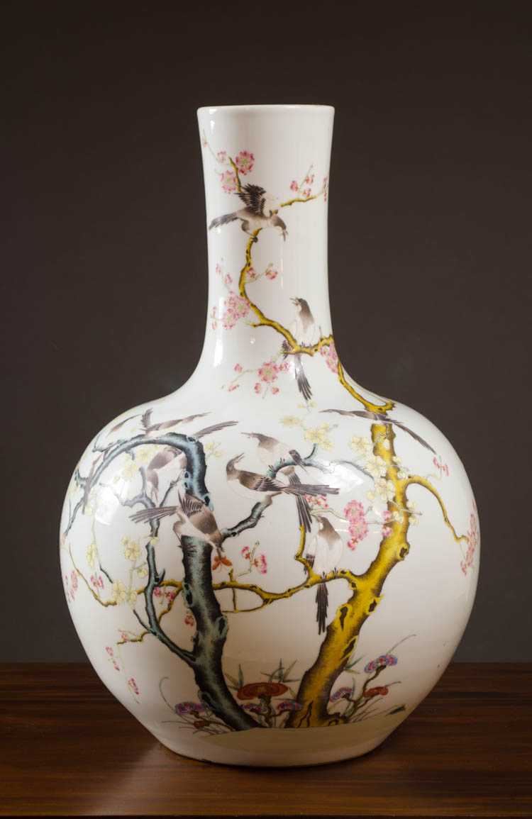 Appraisal: CHINESE HAND ENAMELED PORCELAIN VASE of bottle form featuring birds