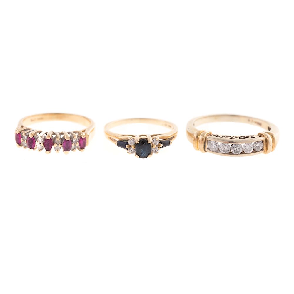 Appraisal: A Trio of Sapphire Diamond Ruby Rings in Gold K