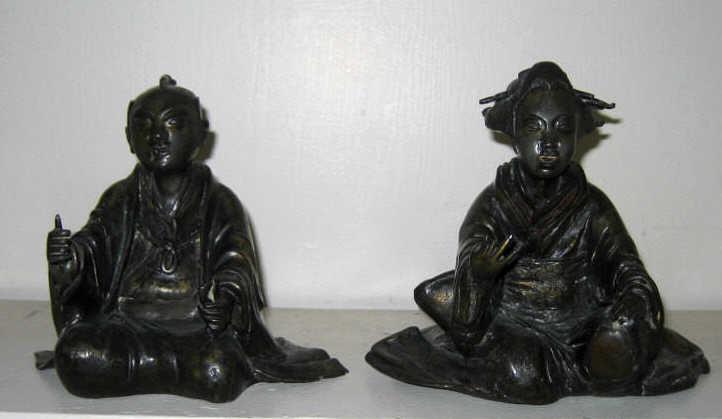 Appraisal: TWO JAPANESE BRONZE FIGURES Man and a woman in traditional