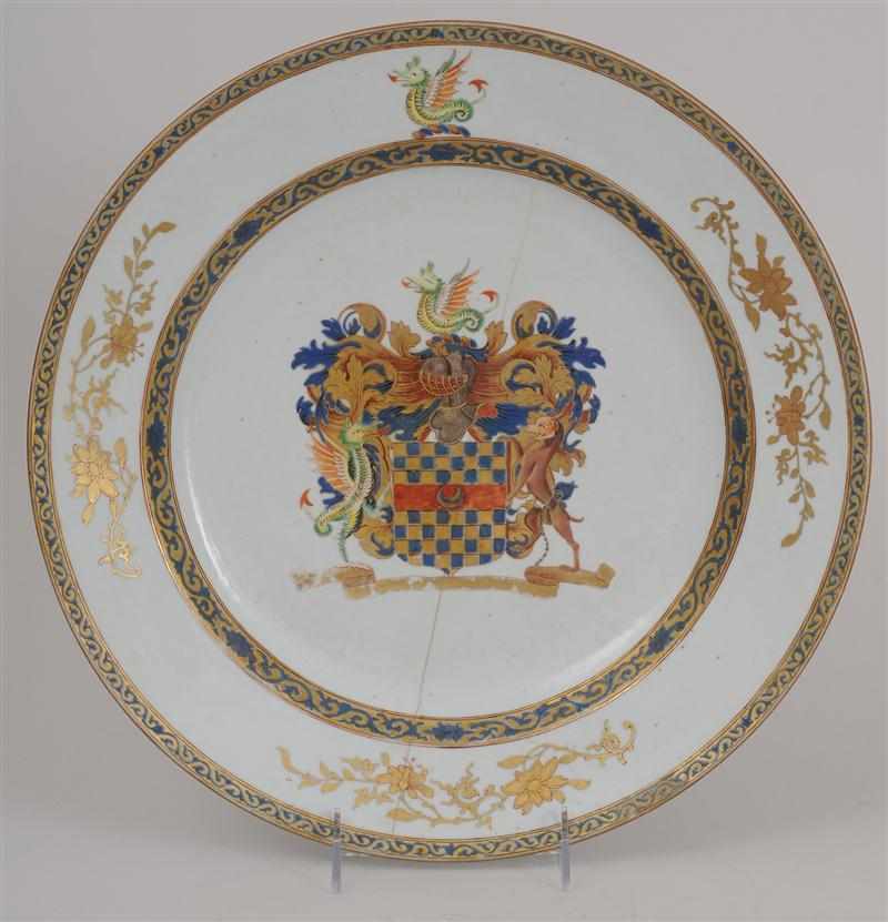 Appraisal: CHINESE EXPORT PORCELAIN ARMORIAL CHARGER With blue enamel-on-gold cavetto gilt