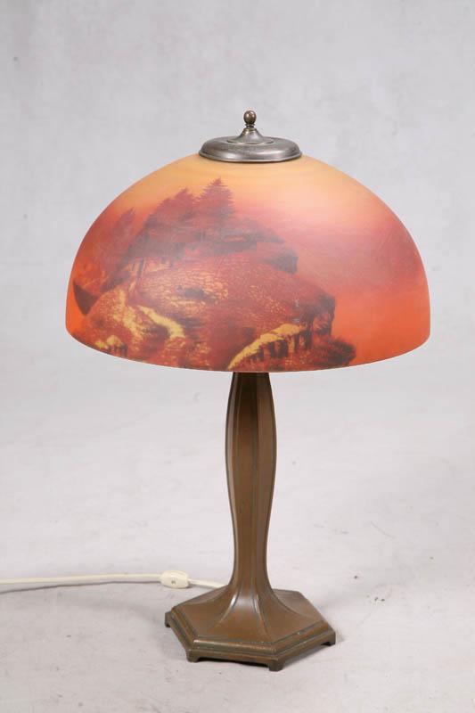 Appraisal: REVERSE PAINTED LAMP Attributed to Phoenix Domed shade has two